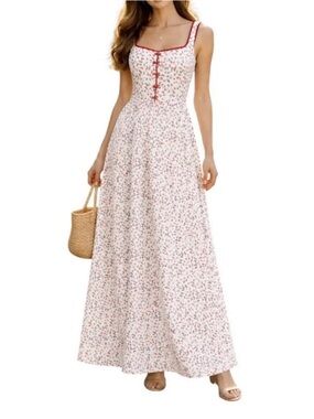 Caroline Constas Maxi Dress Cherry Floral Linen Blend Cottagecore Prairie Sz M